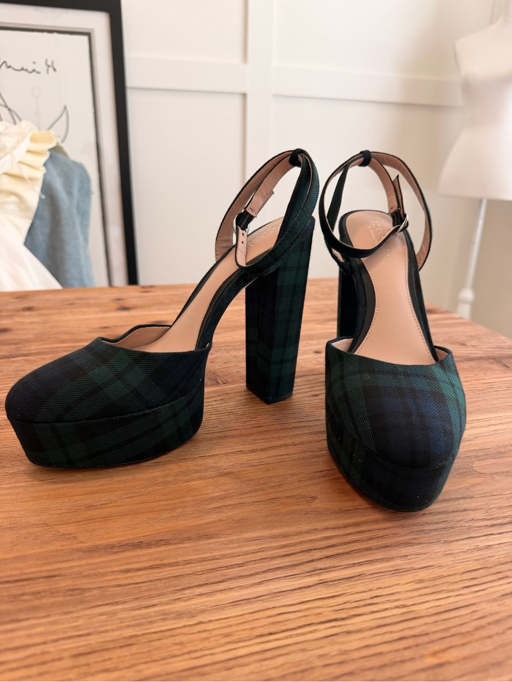 Plaid Platform Block Heel Slingback Pumps - Green/Black
